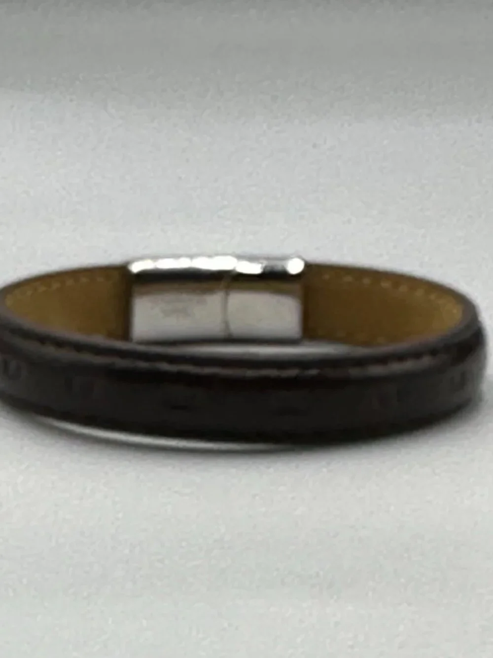 3/$30 Men Brown Leather Bracelet Stitched Stainless Steel Snap Clasp 8.25
